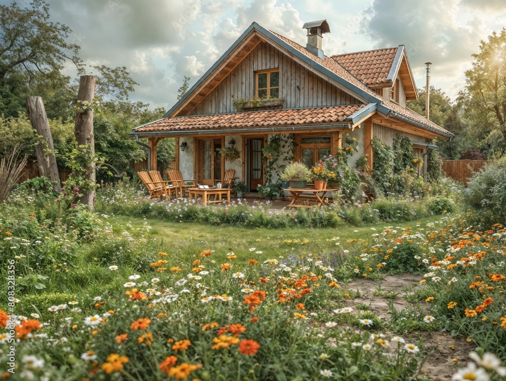 Charming Country House Surrounded by Lush Garden at Sunset Charming Country House Surrounded by Lush Garden at Sunset