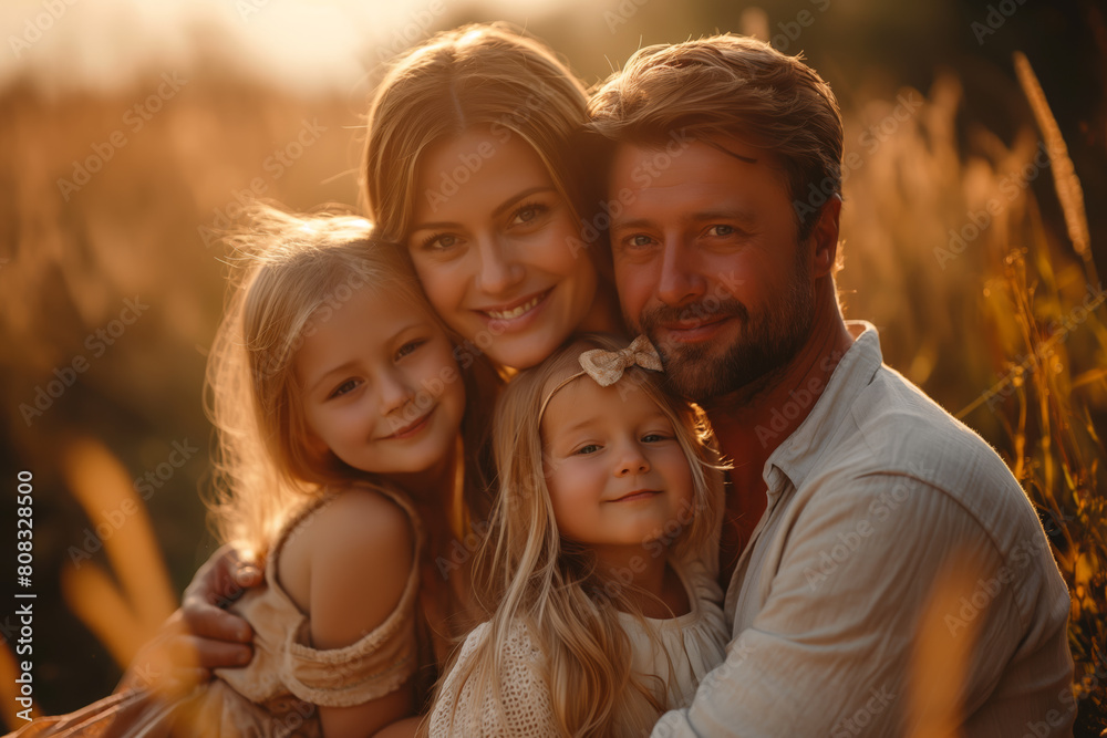 Obraz premium Happy family enjoying a peaceful sunset in a field