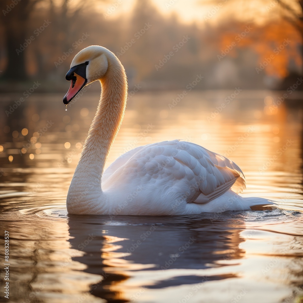Majestic swan on tranquil lake at sunset