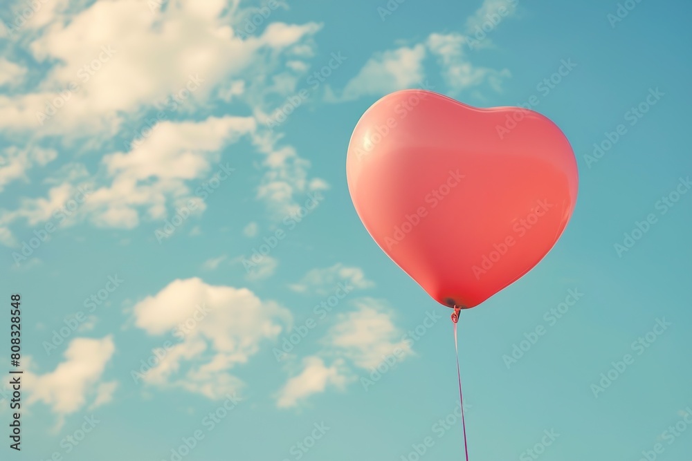 pink heart shaped balloon on a background of blue sky, retro style photo