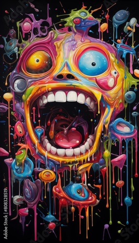 Colorful abstract monster face with dripping paint