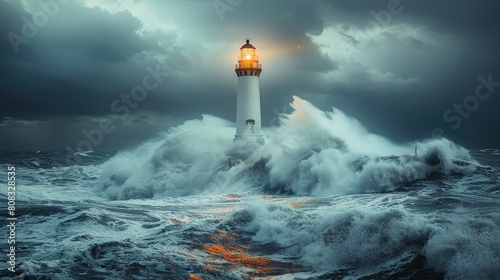 Lighthouse Battling Large Wave