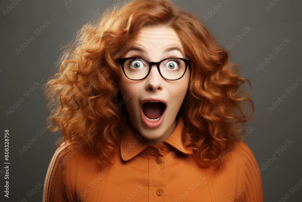 surprised woman with curly red hair and glasses surprised woman with curly red hair and glasses