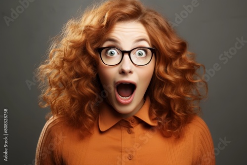 surprised woman with curly red hair and glasses © Balaraw