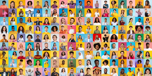 A lively mix of multiracial, multiethnic, and international people faces smiling against a vibrant, multicolored background © Prostock-studio