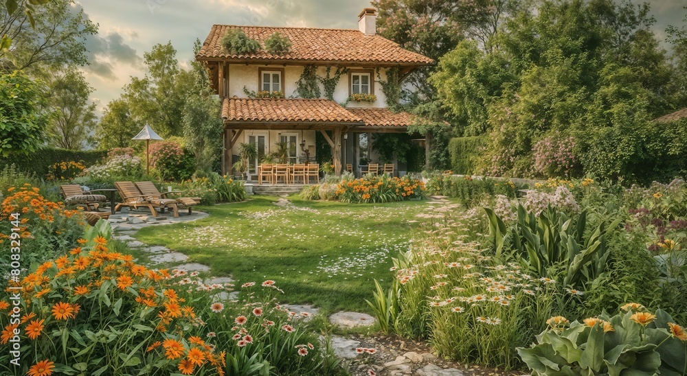 Idyllic Country House Surrounded by Lush Flower Gardens at Sunset