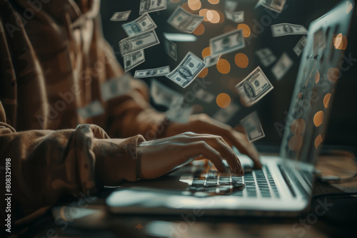 Man sits at his laptop with flying money and winning plenty of money in social media