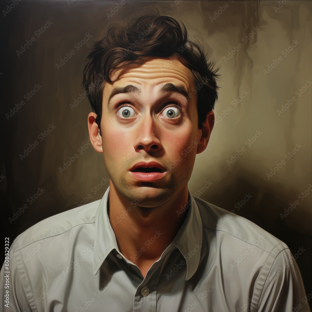 Obraz premium Surprised man with wide eyes and messy hair