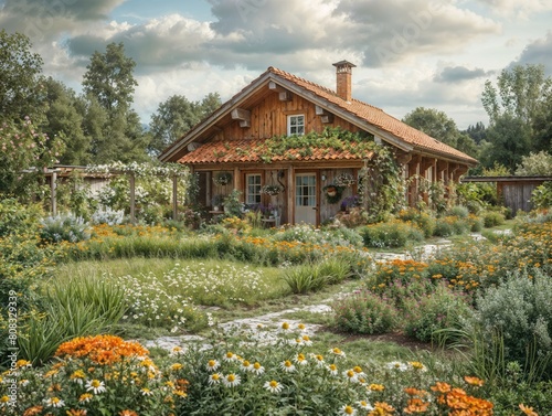 Charming Countryside Cottage Surrounded by Lush Gardens and Colorful Flowers