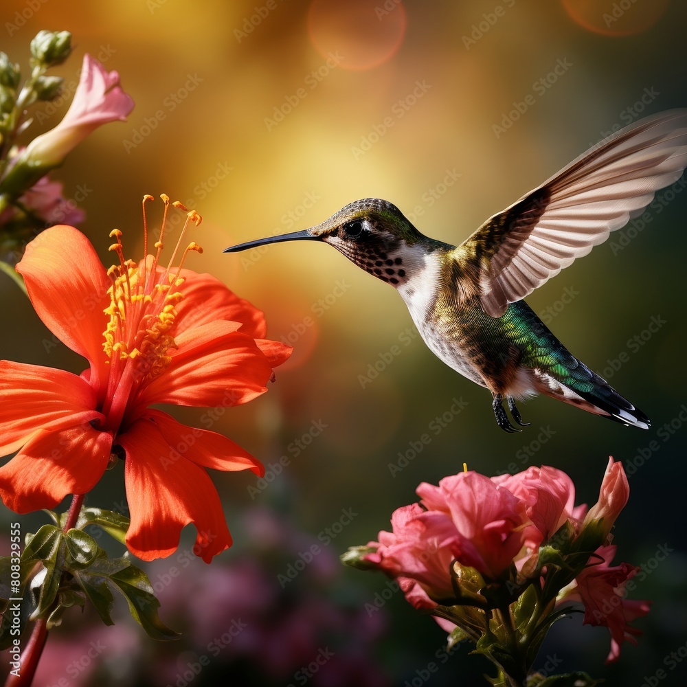 Fototapeta premium Hummingbird hovering near vibrant red hibiscus flower