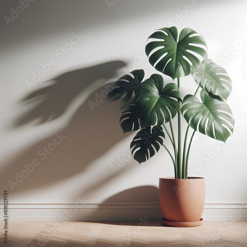 Pianta tropicale monstera deliciosa in vaso di terracotta su sfondo di parete bianca con luce naturale proveniente da destra che crea ampia ombra sul muro photo