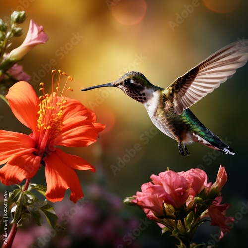 Hummingbird hovering near vibrant red hibiscus flower