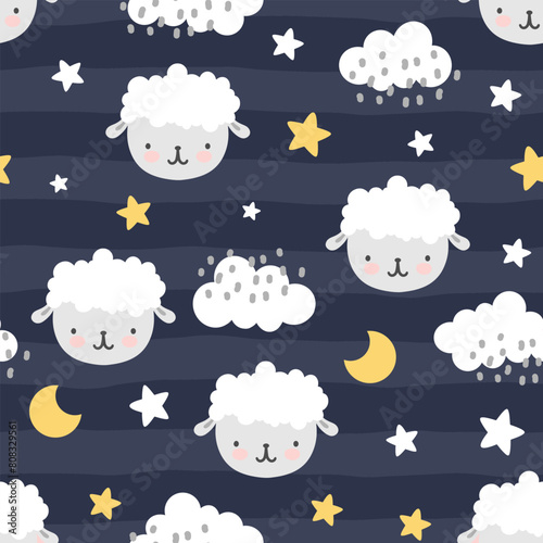 Cute endless design with hand drawn sheep on a deep blue background with clouds and stars, kids fabric seamless pattern