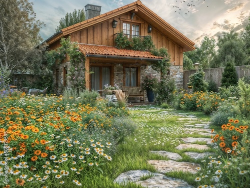 Idyllic Wooden House Surrounded by Lush Flower Garden at Sunset
