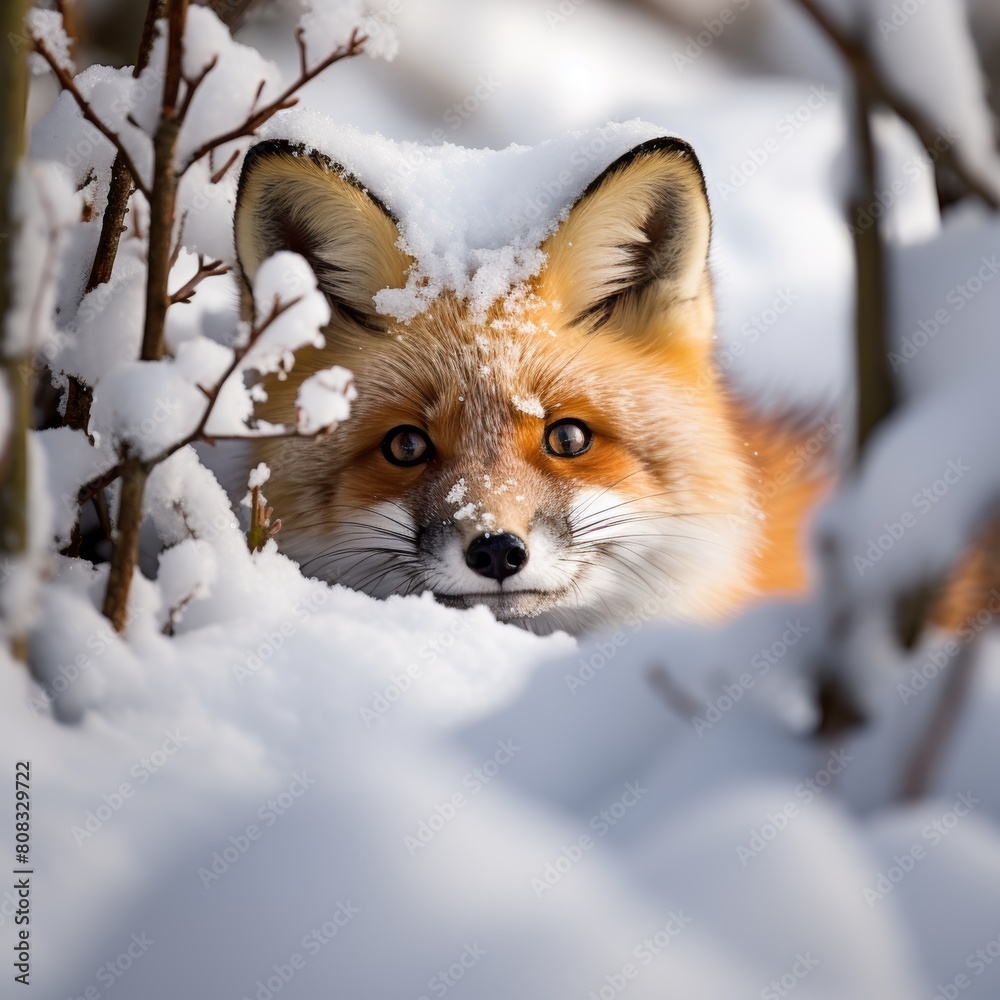 Obraz premium Curious fox peeking through snowy branches