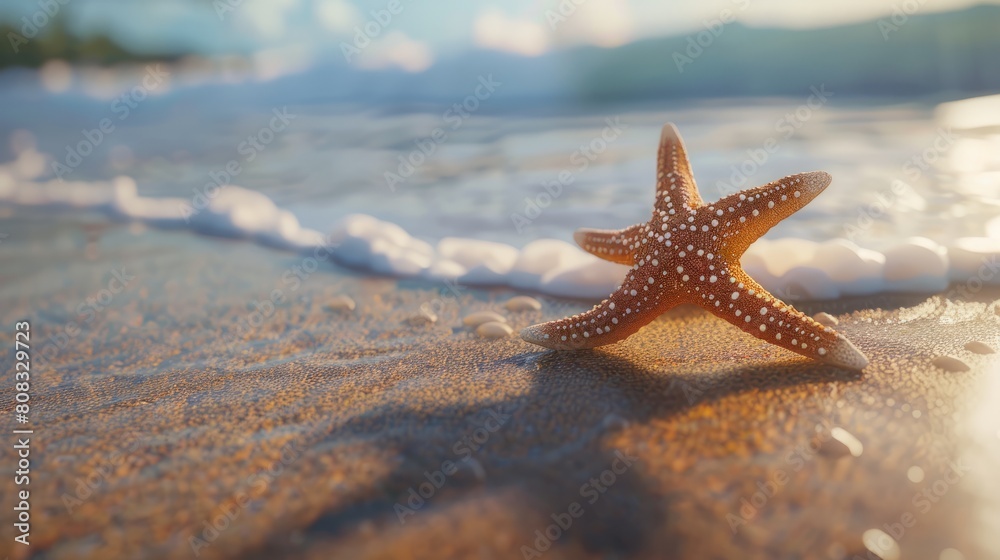 Starfish on the beach, Summer vacation theme hyper realistic Starfish on the beach, Summer vacation theme hyper realistic