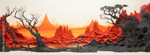 Surreal alien landscape with dramatic mountains and trees