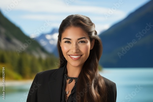 Smiling woman in front of scenic mountain landscape