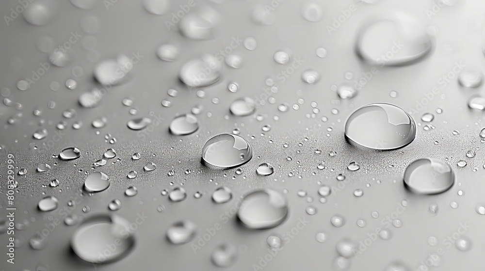 Water droplets on a gray surface.