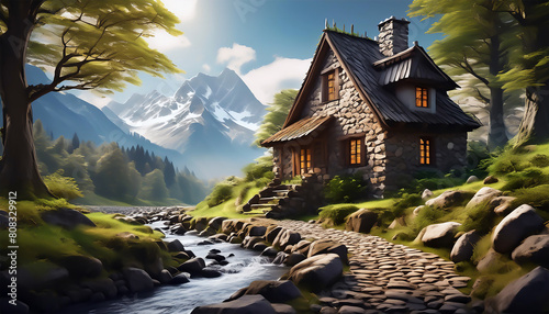 casa, montanha, paisagem, céu, natureza, rio,  photo