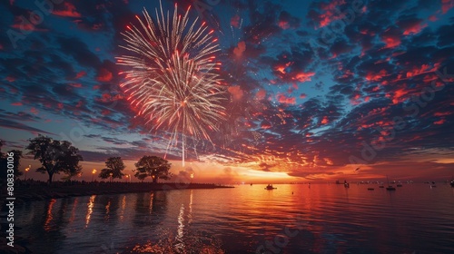 Sparkling Fireworks Illuminate Sky Above Water