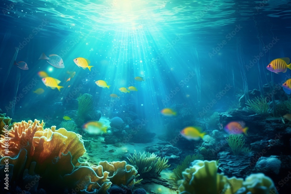 Calm underwater landscape with rays of sunlight illuminating the ocean floor