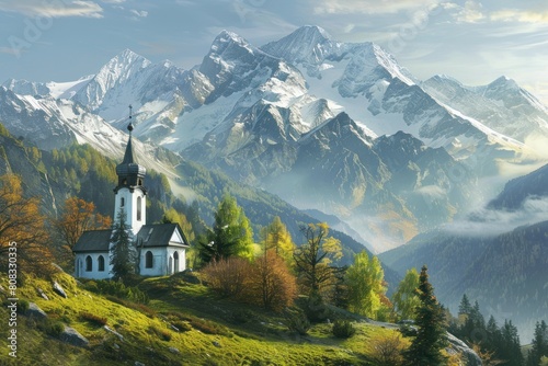 A mountain range with a small white church in the foreground © Nico