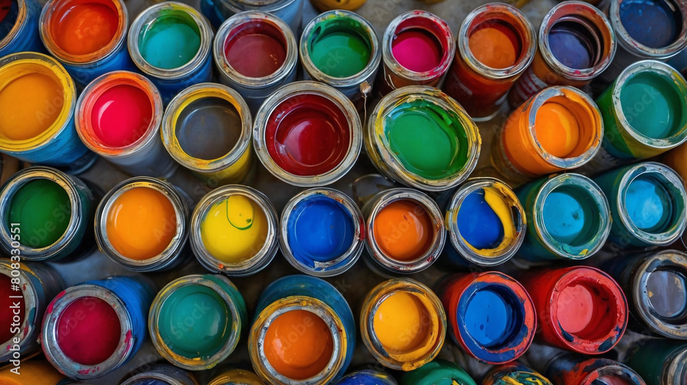 closeup of multiple rows of paint pots showing various colours closeup of multiple rows of paint pots showing various colours