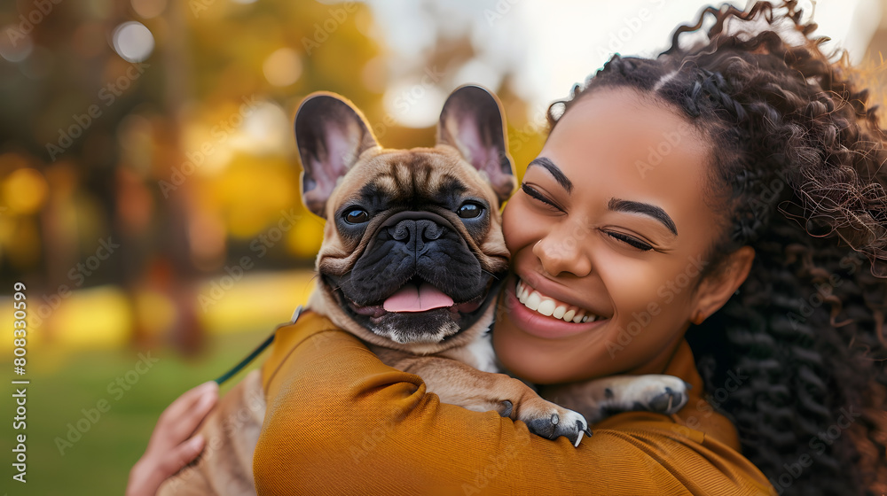 Happy mixed race woman cuddling French bulldog dog in the park, copy space Happy mixed race woman cuddling French bulldog dog in the park, copy space
