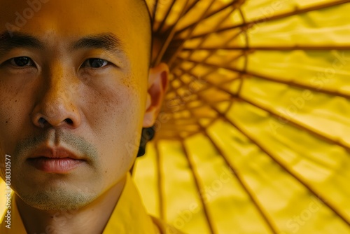 Close-up portrait of a calm man with a yellow parasol providing a vibrant background photo
