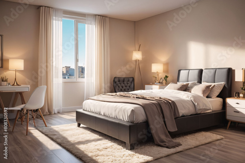 a peaceful bedroom interior with a large window showcasing a natural landscape.