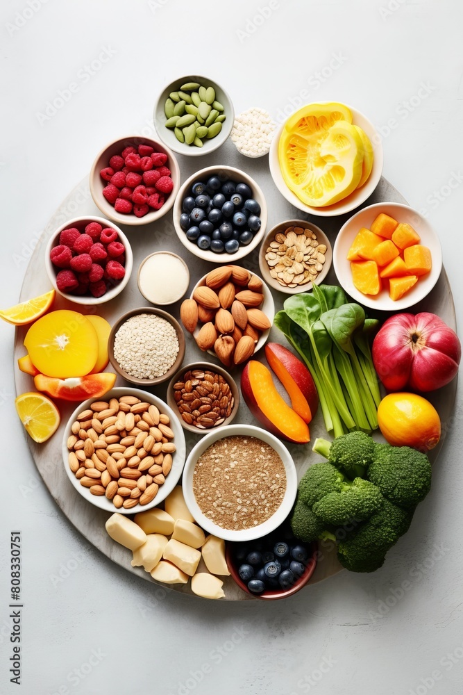 Assortment of healthy fruits, vegetables, nuts, and seeds Assortment of healthy fruits, vegetables, nuts, and seeds