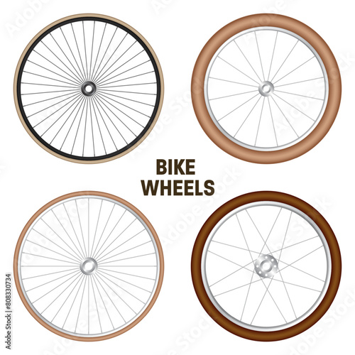 Realistic 3d retro bicycle wheels. Vintage bike rubber tyres, shiny metal spokes and rims. Fitness cycle, touring, sport, road and mountain bike. Vector illustration
