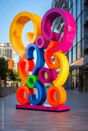 Colorful abstract sculpture in urban setting