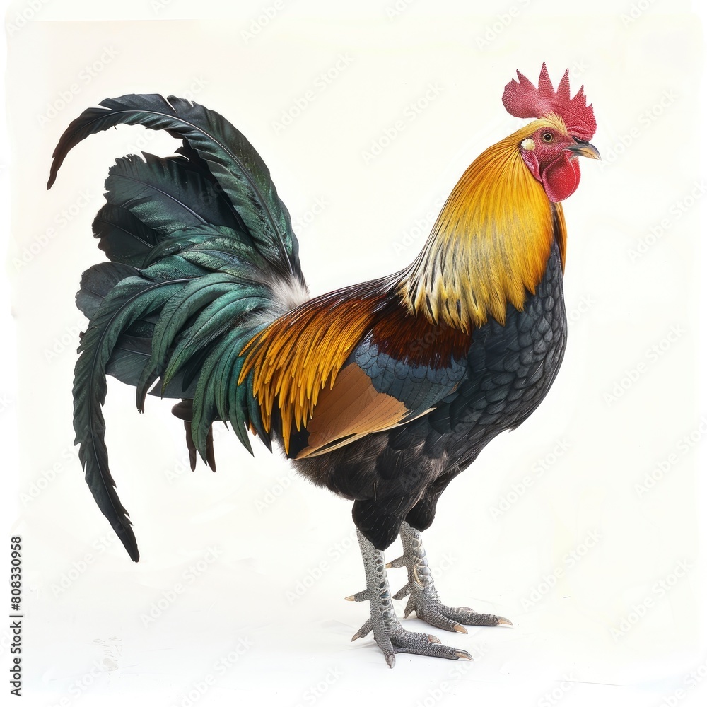 Fototapeta premium A Black And Yellow-Feathered Rooster Stands Proudly Against A Crisp White Background, Illustrations Images