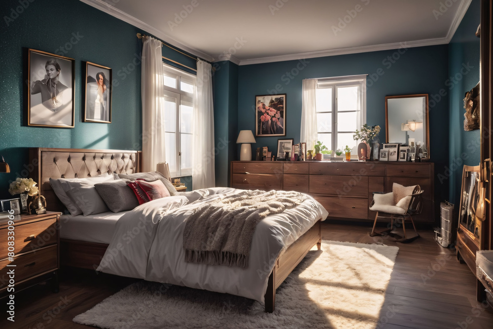 Fototapeta premium a peaceful bedroom interior with a large window showcasing a natural landscape.