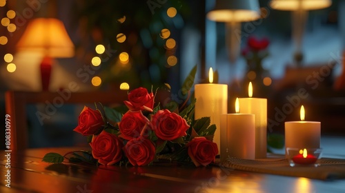 Candle line dinner night view with red roses and light realistic