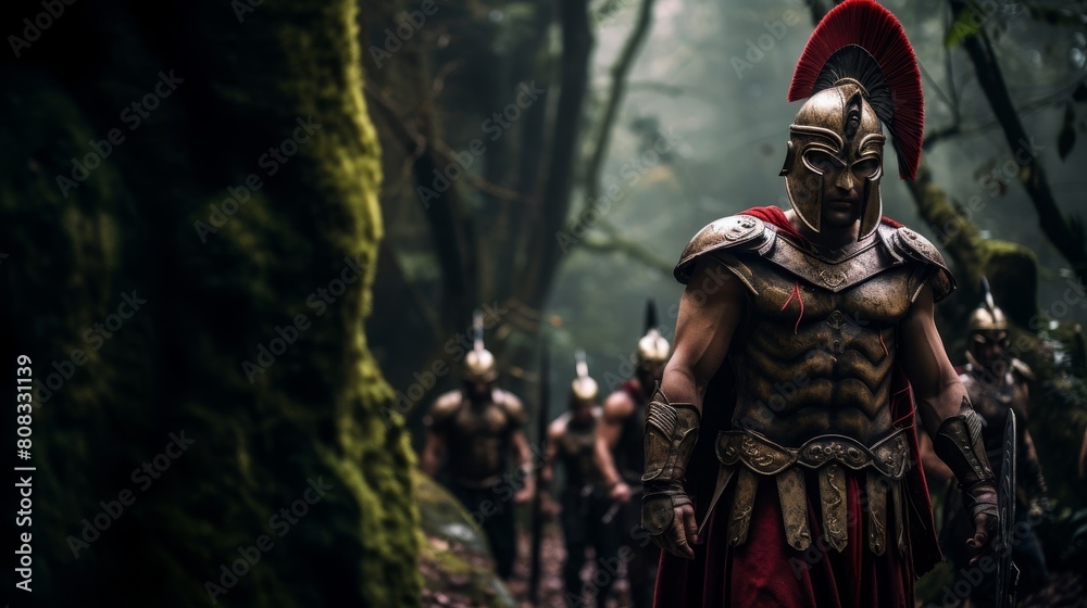 Spartan shieldbearer in mystical forest