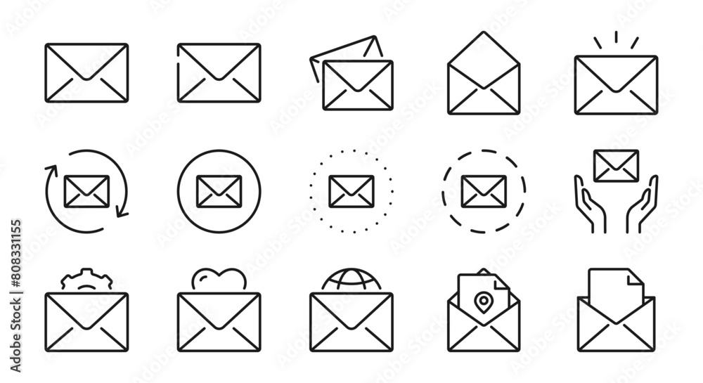 Message and letter line icons set. Mail, note, document, writing, communication sign or symbol. Isolated on a white background. Pixel perfect. Editable stroke. 64x64. Message and letter line icons set. Mail, note, document, writing, communication sign or symbol. Isolated on a white background. Pixel perfect. Editable stroke. 64x64.