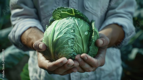 cabbage from farmer's field. The concept of vegetarian food, cabbage in the hands. Generative AI realistic