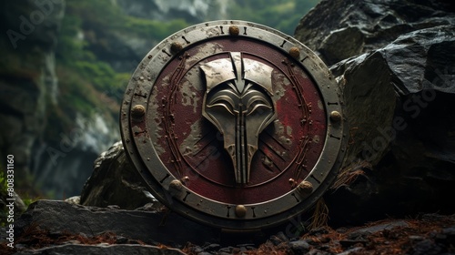 Spartan shield in mythical city ruins