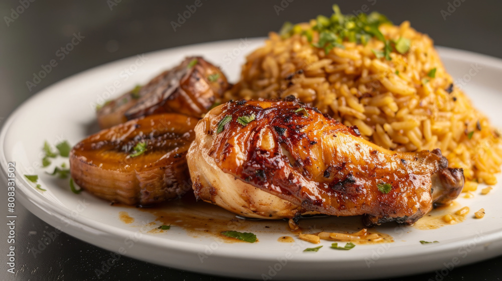 Savory grilled chicken thigh and herb-infused rice from ecuador, elegantly presented on a white plate Savory grilled chicken thigh and herb-infused rice from ecuador, elegantly presented on a white plate