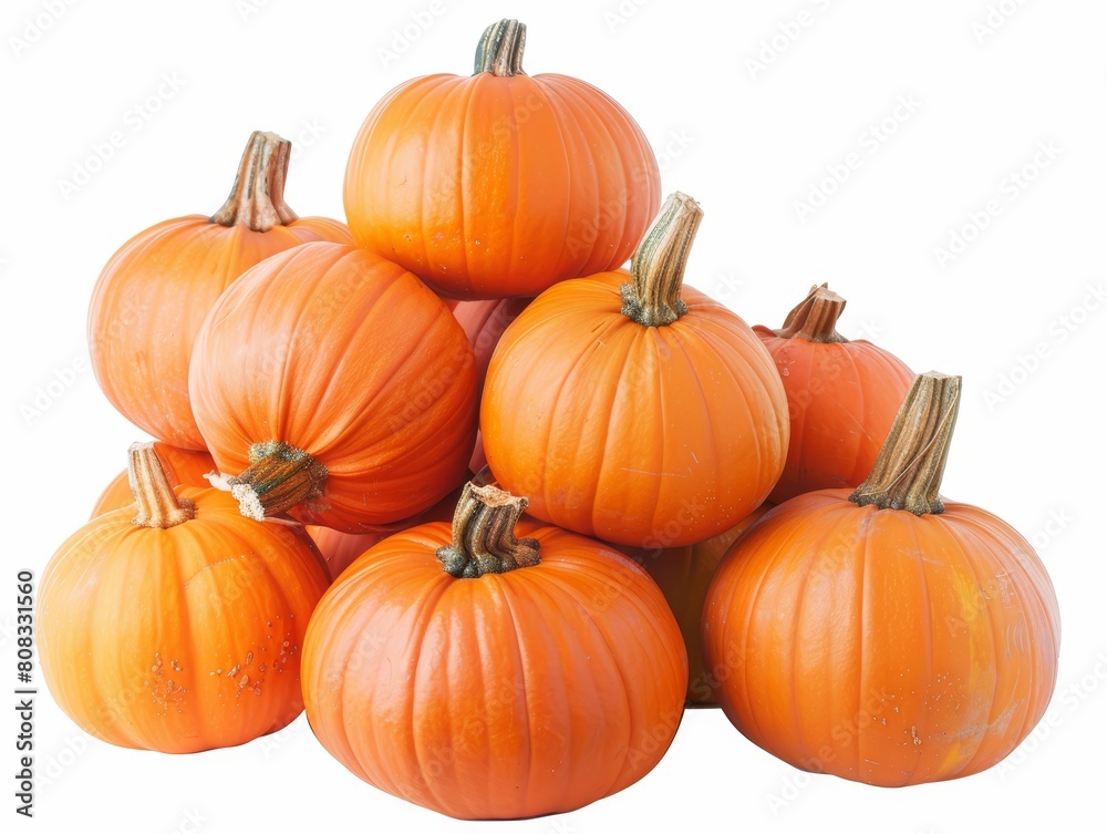 A group of pumpkins stacked in a casual pile, each pumpkin's unique size and shape vividly outlined against the white background A group of pumpkins stacked in a casual pile, each pumpkin's unique size and shape vividly outlined against the white background