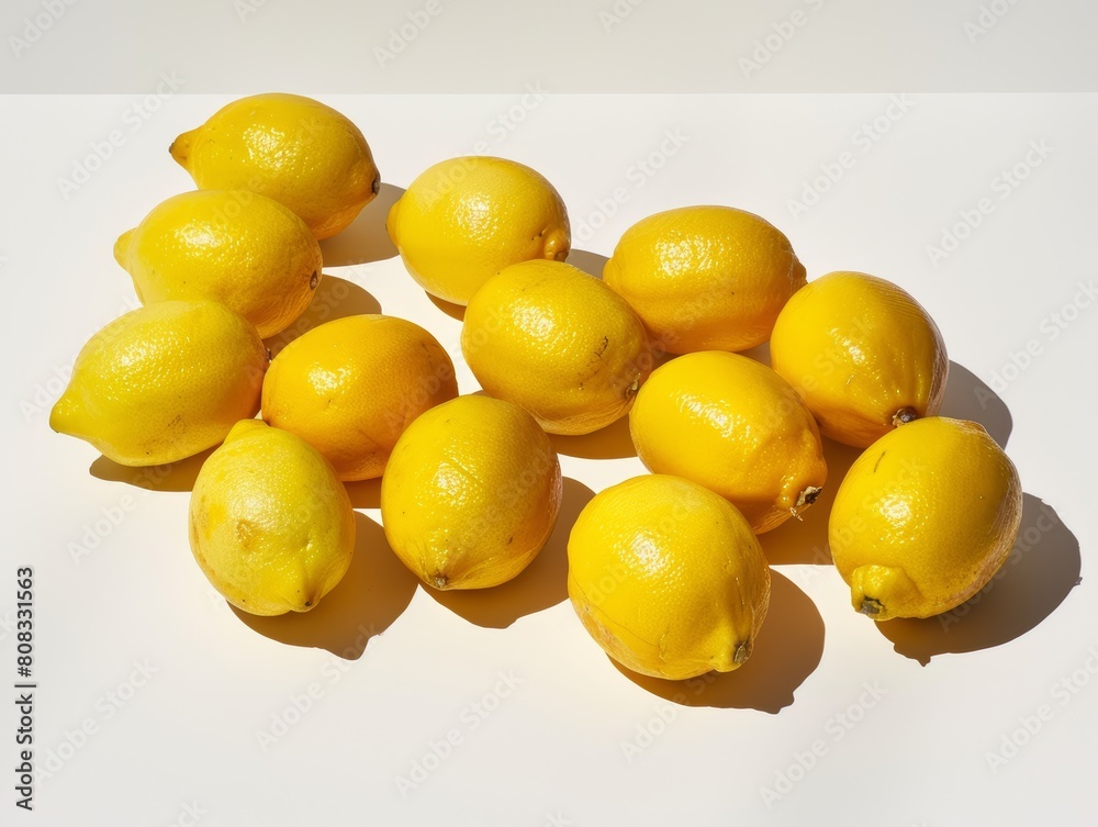 A group of lemons casually arranged, each lemon's distinct characteristics and natural shadows enhanced by the pristine white background A group of lemons casually arranged, each lemon's distinct characteristics and natural shadows enhanced by the pristine white background
