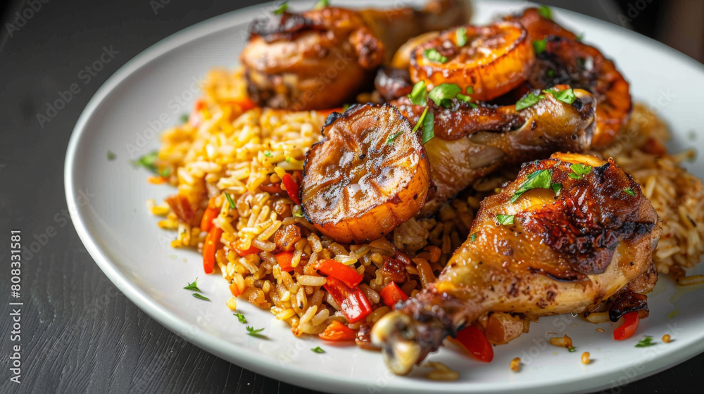 Traditional ecuadorian arroz con pollo dish with grilled plantains and fresh herb garnish served on a white plate Traditional ecuadorian arroz con pollo dish with grilled plantains and fresh herb garnish served on a white plate