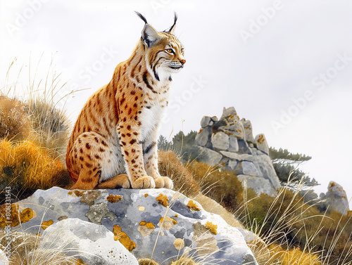 An illustration of a wild eurasian lynx sitting on a rock