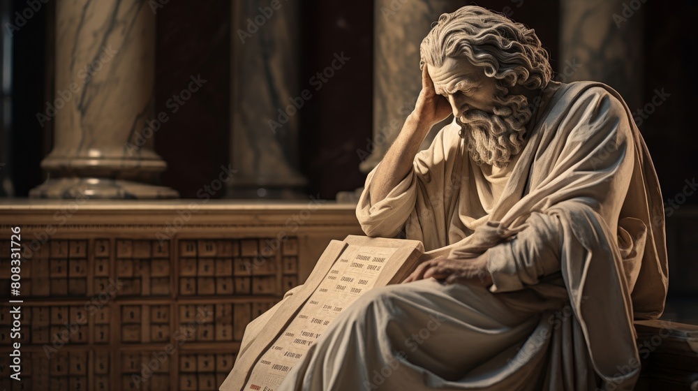 Ancient Greek philosopher in contemplative pose toga adorned with mathematical symbols Ancient Greek philosopher in contemplative pose toga adorned with mathematical symbols