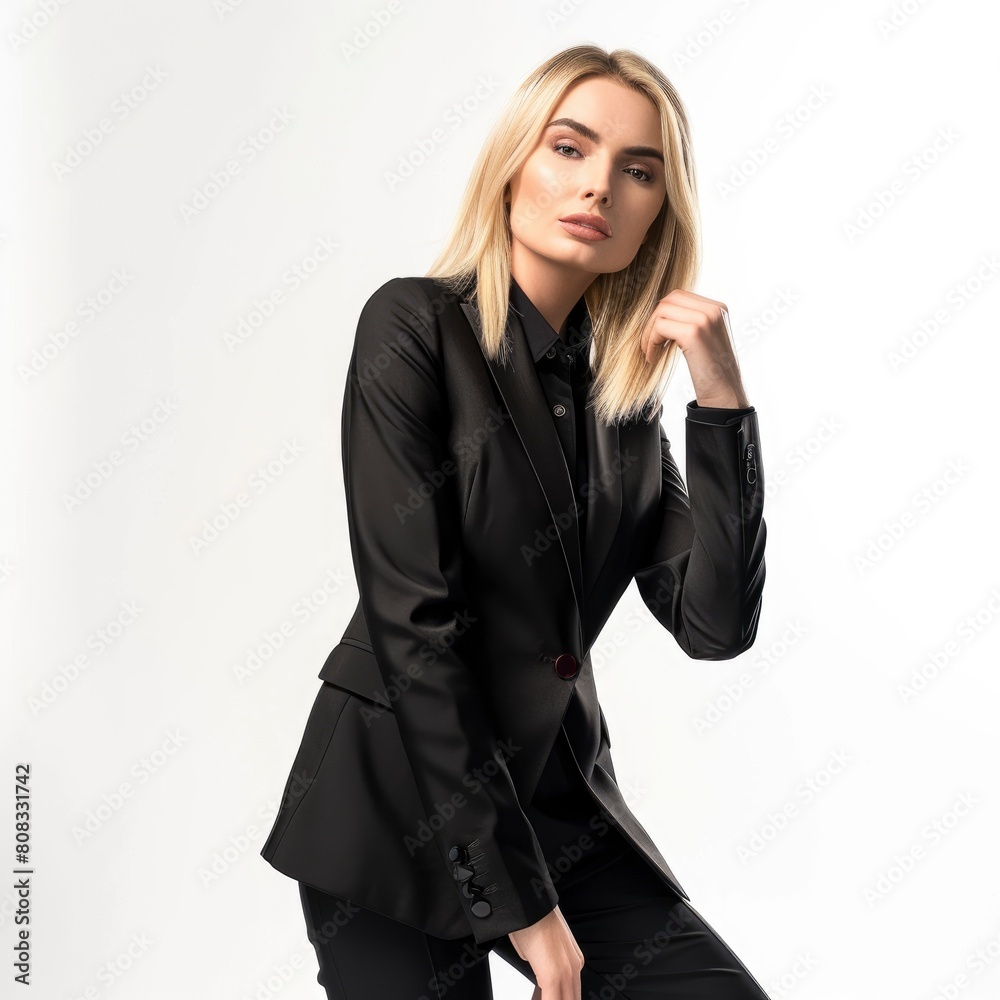 A Blonde Woman Exudes Sophistication In A Sleek Black Suit, Posing Confidently In A Studio Setting, Illustrations Images A Blonde Woman Exudes Sophistication In A Sleek Black Suit, Posing Confidently In A Studio Setting, Illustrations Images