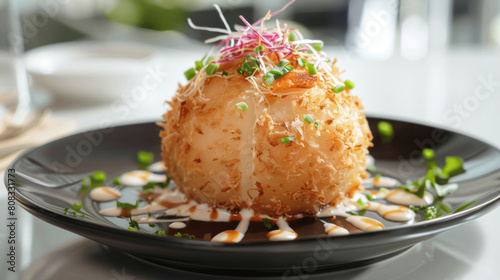 Modern plating of ecuadorian cheese fritters with microgreens and aji sauce on a black plate, elegantly presented