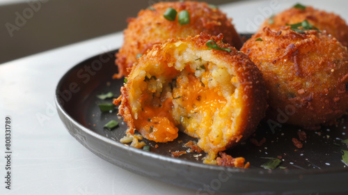 Delicious fried ecuadorian arancini with melting cheese center, served on a black plate with a sprinkling of chopped green onions